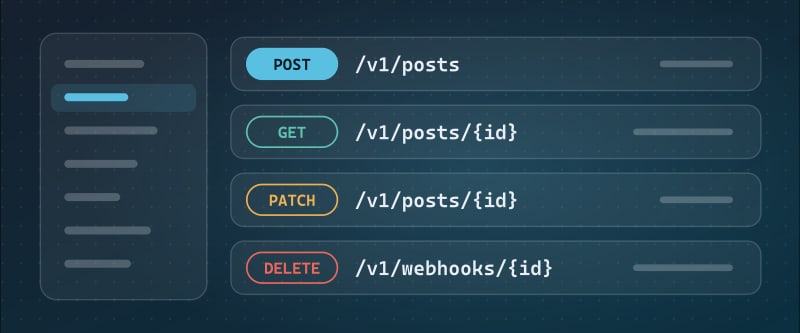 A drawing of an API reference: a column of section names beside four operations, POST /v1/posts, GET and PATCH /v1/posts/{id}, and DELETE /v1/webhooks/{id}, each with its method in a coloured pill.