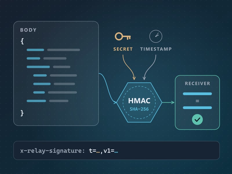 A drawing of a webhook body, a secret key and a timestamp all feeding an HMAC SHA-256 seal, which a receiver compares and accepts with a tick; beneath, the x-relay-signature header with its t and v1 parts.